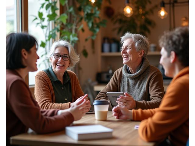 Grupo de personas conversando y riendo en un club de lectura sin dispositivos