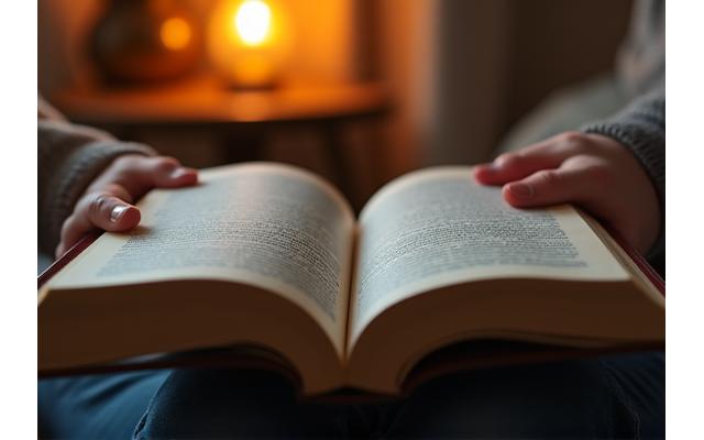 Persona leyendo un libro en físico con luz cálida de lámpara