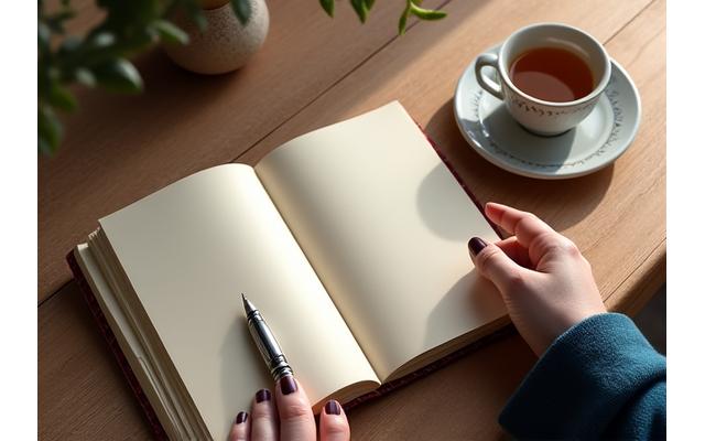 Manos escribiendo en un cuaderno con pluma, al lado de una taza de té
