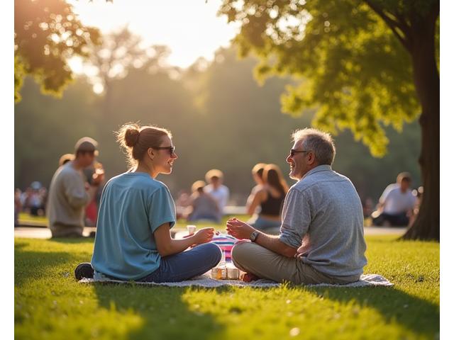Pareja disfrutando de un picnic tranquilo en el Parque del Retiro sin usar móviles