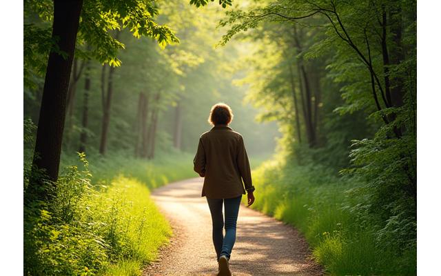 Persona caminando por un sendero arbolado en un parque sin teléfono