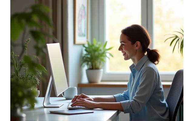 Persona sonriendo y trabajando en un espacio de oficina en casa ordenado y luminoso