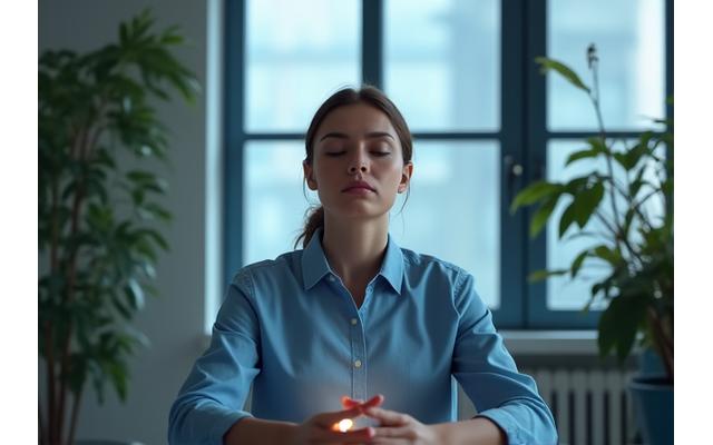 Persona meditando pacíficamente en una oficina moderna