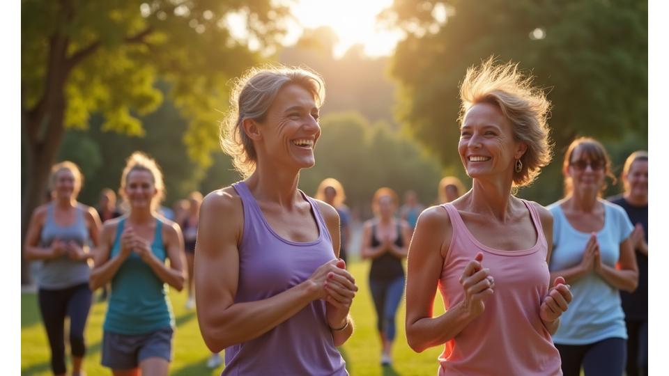 Grupo de personas al aire libre, riendo y socializando en un evento de fitness en Madrid