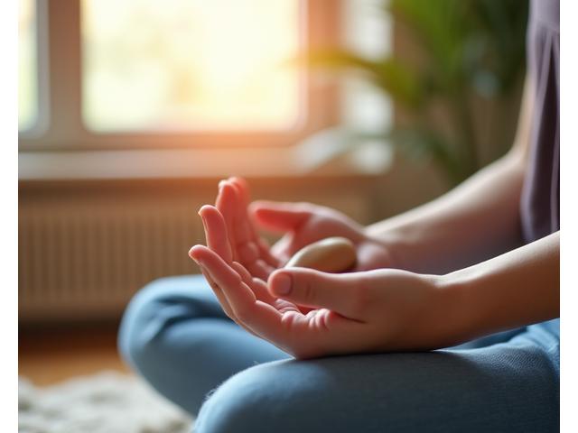 Persona meditando pacíficamente con luces cálidas y un ambiente sereno