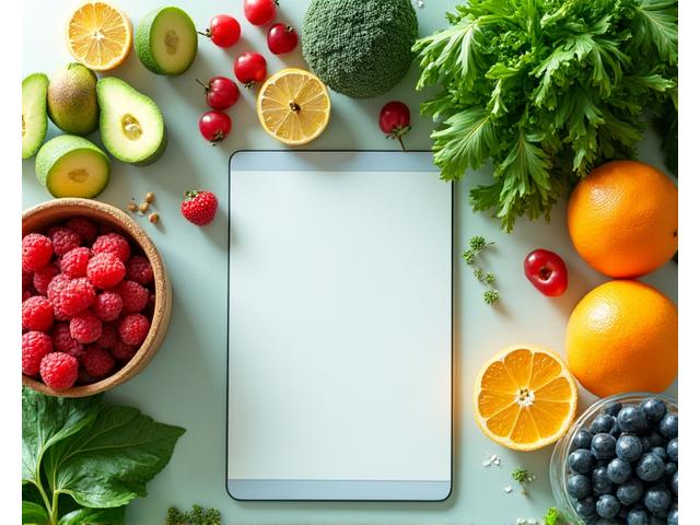 Mesa colorida con frutas frescas, verduras y un libro de recetas saludable