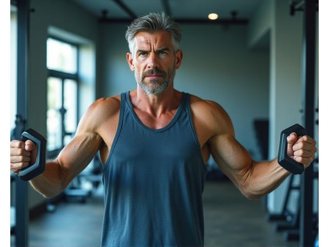Hombre adulto de mediana edad haciendo ejercicio de fuerza con pesas ligeras en un gimnasio moderno.