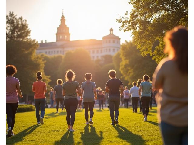 Paisaje urbano de Madrid soleado, con un grupo diverso de adultos en un parque practicando yoga o meditación, simbolizando bienestar local.
