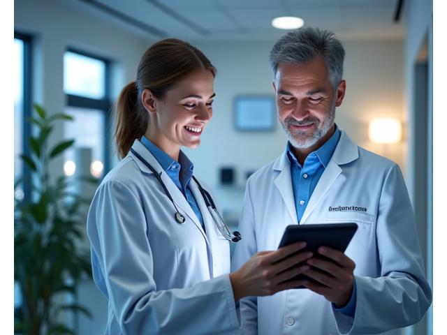 Profesional de la salud y paciente de mediana edad interactuando amigablemente en una consulta médica moderna, con gráficos de datos de salud en una pantalla.