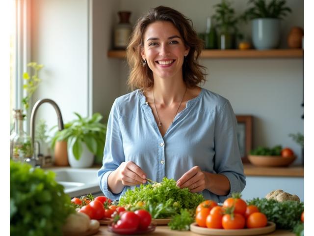 Mujer adulta preparando una ensalada vibrante y saludable en una cocina moderna y luminosa.