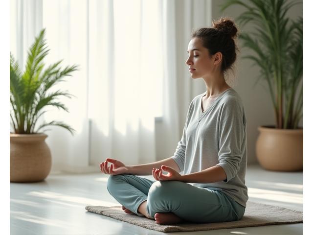Mujer adulta meditando en una postura cómoda en un entorno sereno, con la luz natural iluminando el espacio.