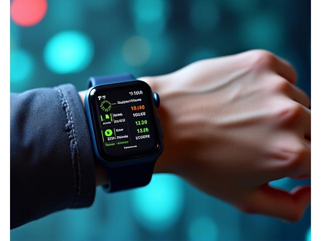 Mano sosteniendo un smartwatch mostrando métricas de salud en una pantalla, con un fondo tecnológico de chips y circuitos borrosos.