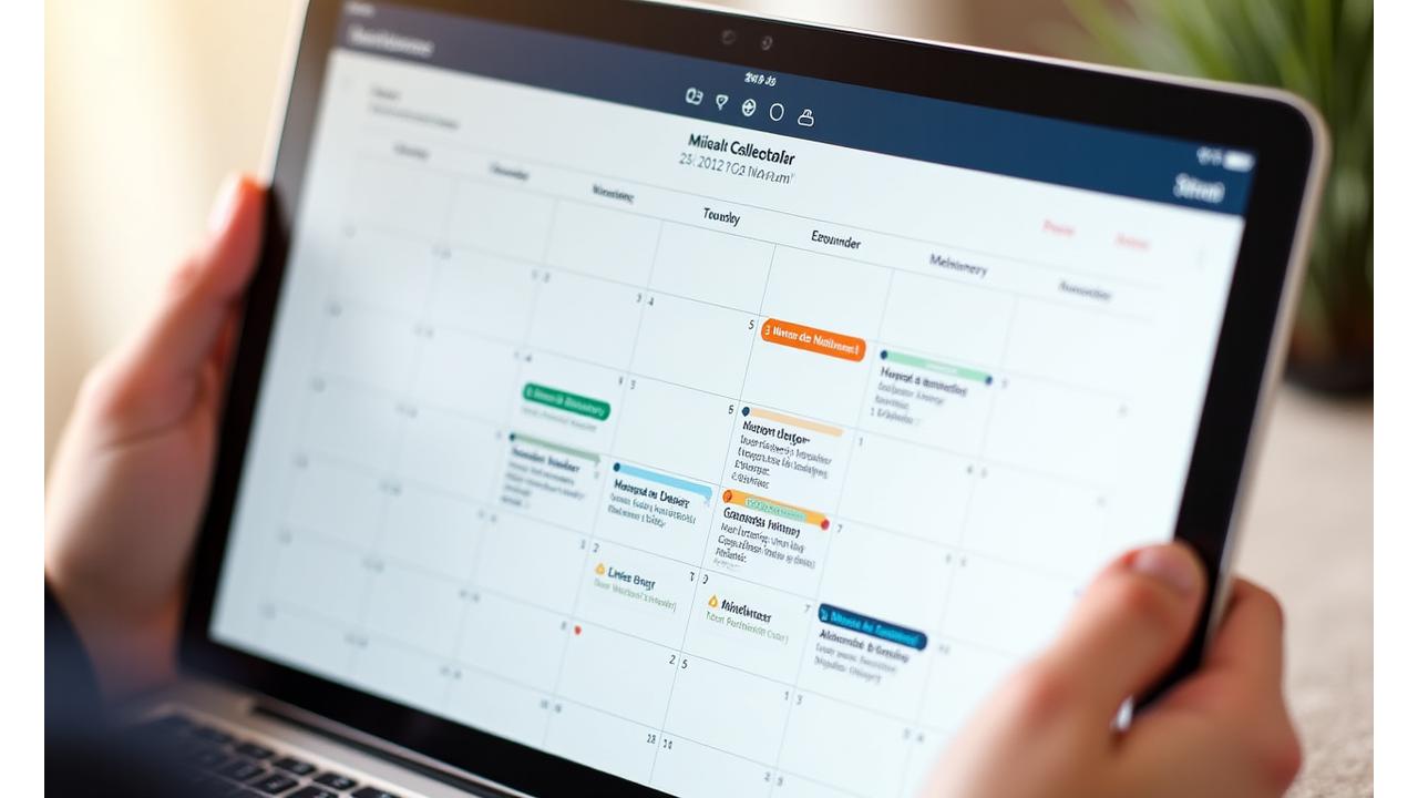 Representación visual de un calendario digital con iconos de bienestar en fechas específicas, mostrando 'Lunes de Nutrición', 'Miércoles de Mindfulness', y notas de contenido Premium.