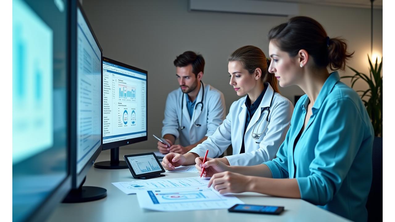 Equipo de expertos médicos y científicos revisando publicaciones de salud y bienestar en una mesa de trabajo, con insignias de verificación de calidad y un gráfico de engagement en segundo plano.