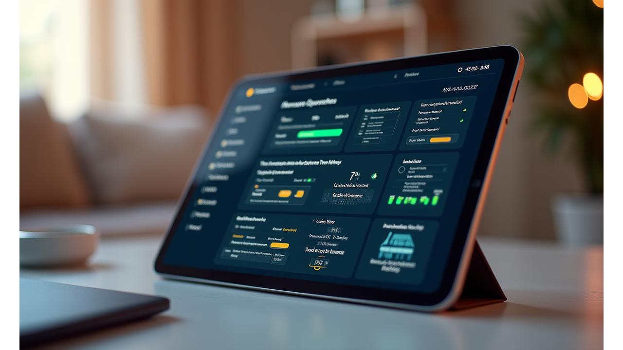 Dashboard personalizado en una tableta que muestra recomendaciones de artículos, gráficos de progreso de bienestar y filtros interactivos de preferencias, con un aura de IA predictiva.