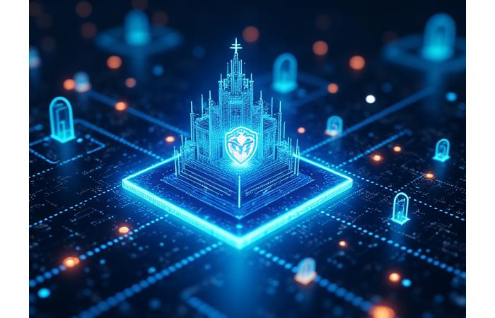 Representación de la infraestructura de seguridad técnica, con escudos, candados y conexiones encriptadas.