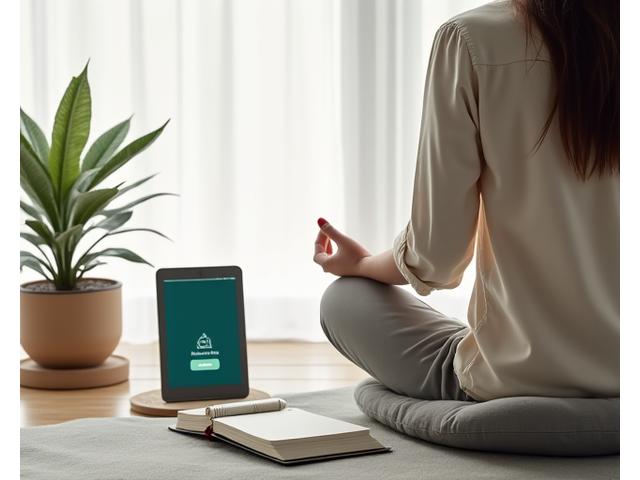 Persona meditando en un entorno sereno con un libro y tablet, simbolizando recursos para el bienestar mental.