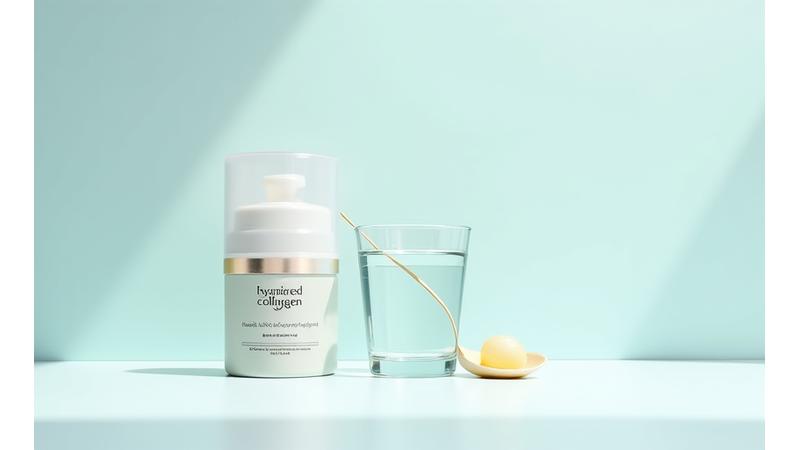 Envase de colágeno marino hidrolizado con un vaso de agua y suplemento en polvo.