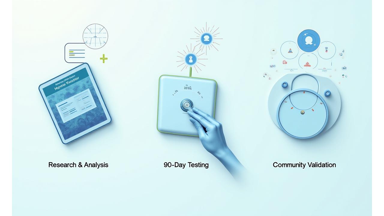 Infografía del riguroso proceso de curación de productos de AlmaVibra, mostrando etapas de investigación, prueba y validación por expertos.