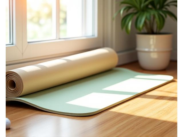 Esterilla de yoga, pesas ligeras y bloques de meditación en un espacio de entrenamiento casero.