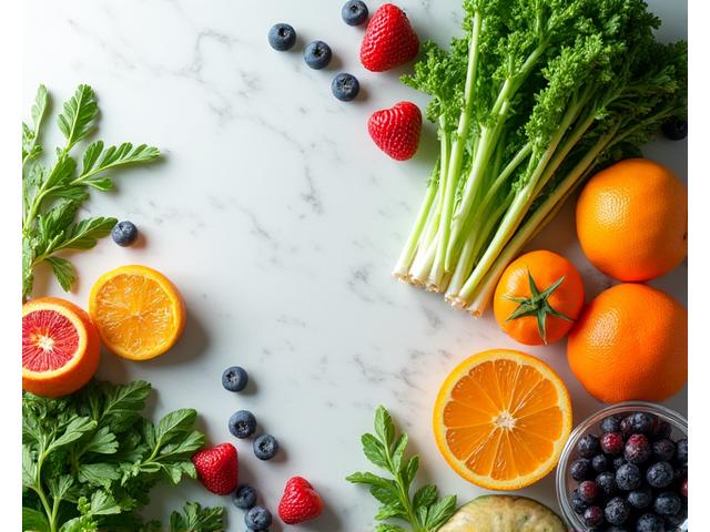 Alimentos frescos y coloridos dispuestos artísticamente, junto con utensilios de cocina saludables.