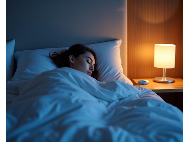 Persona durmiendo plácidamente en una cama cómoda con luz suave, representando dispositivos de sueño y relajación.