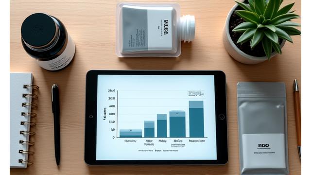 Tablet mostrando un gráfico de análisis de suplementos de magnesio, junto a diferentes envases de magnesio.