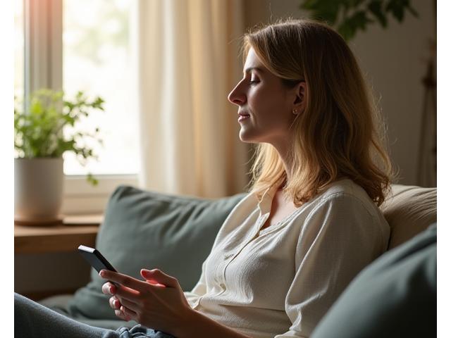 Foto de Laura, madre trabajadora de 45 años, con un rostro sereno y feliz tras su transformación.