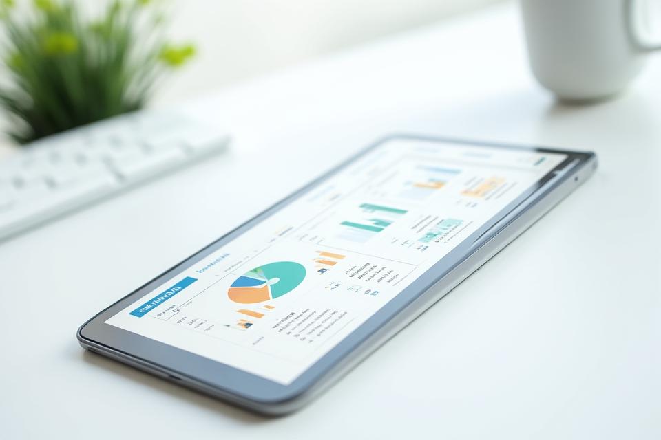 Dashboard de la aplicación AlmaVibra en una tableta, mostrando gráficos de progreso, metas alcanzadas y recomendaciones personalizadas.