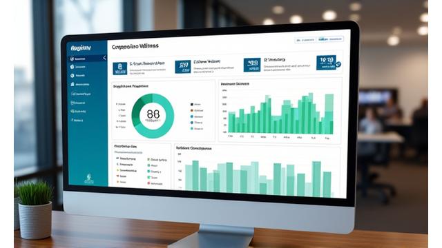 Mockup de un dashboard empresarial AlmaVibra mostrando métricas de bienestar de empleados, como niveles de estrés, participación en programas y hábitos saludables, pensado para equipos de recursos humanos.