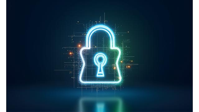 Un candado digital con un escudo y ondas de datos que se irradian de él, elementos con tonos de azul y verde. Representación de seguridad de datos con un toque tecnológico.