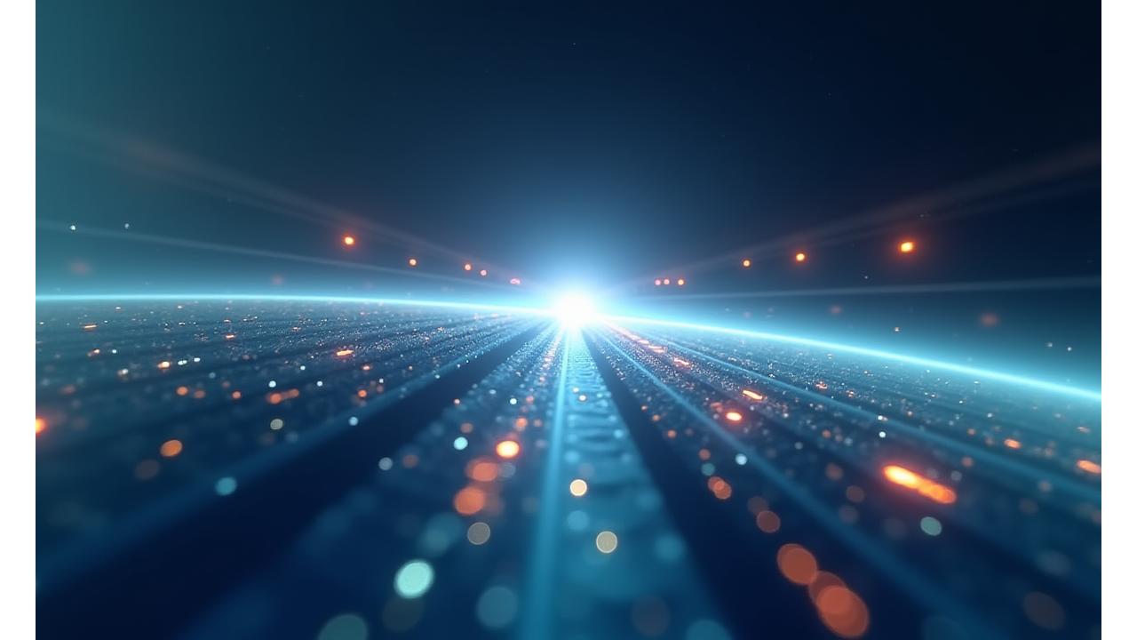 Una línea de tiempo visual futurista que se extiende hacia el horizonte con hitos y puntos de dato iluminados, representando el roadmap de innovación. Los colores dominantes son degradados de azul y morado con toques de luz ámbar.