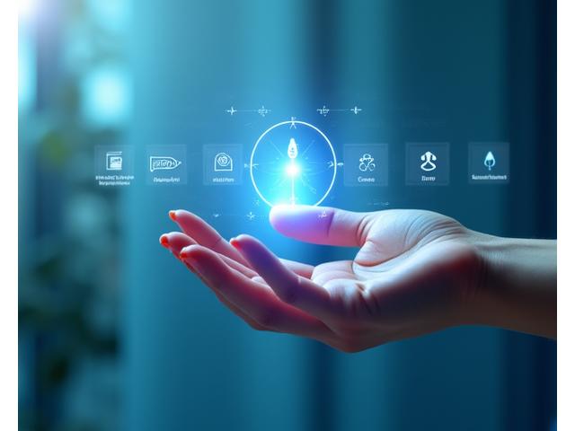 Una mano elegantemente extendida en el aire interactuando con una interfaz de usuario holográfica flotante, mostrando iconos de bienestar y ondas de sonido, color azul y blanco.