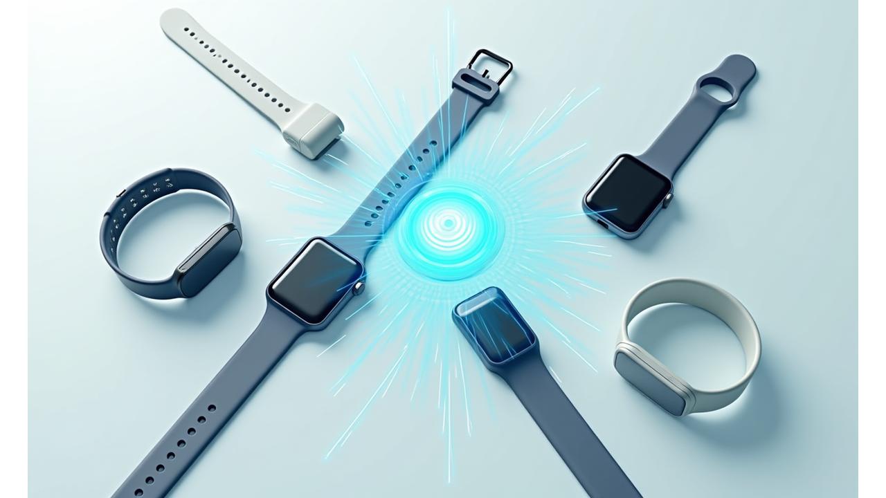 Dispositivos wearables populares (smartwatch, anillo inteligente, sensor de actividad) conectados por líneas de datos abstractas a un gráfico central, simbolizando la integración del ecosistema.
